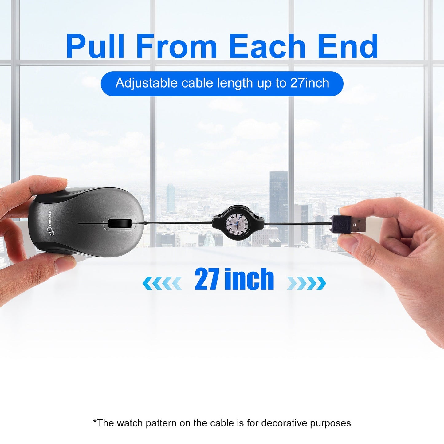 Grey and Black Portable Mini USB Mouse with Retractable Cable - Compact Travel Mouse for PC and Laptop
