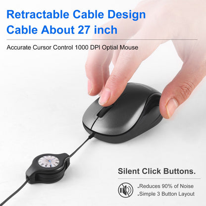 Grey and Black Portable Mini USB Mouse with Retractable Cable - Compact Travel Mouse for PC and Laptop