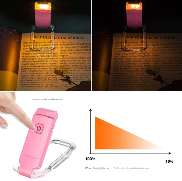 2 Pcs Blue USB Rechargeable Clip-on LED Book Light - 3 Color Modes & Dimmable Brightness for Eye-Caring Reading