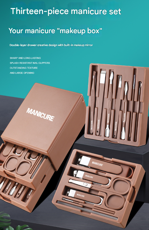 Pink Premium 13-in-1 Manicure & Grooming Kit - Professional Carbon Steel Pedicure Set with Dual-Drawer Case & Mirror
