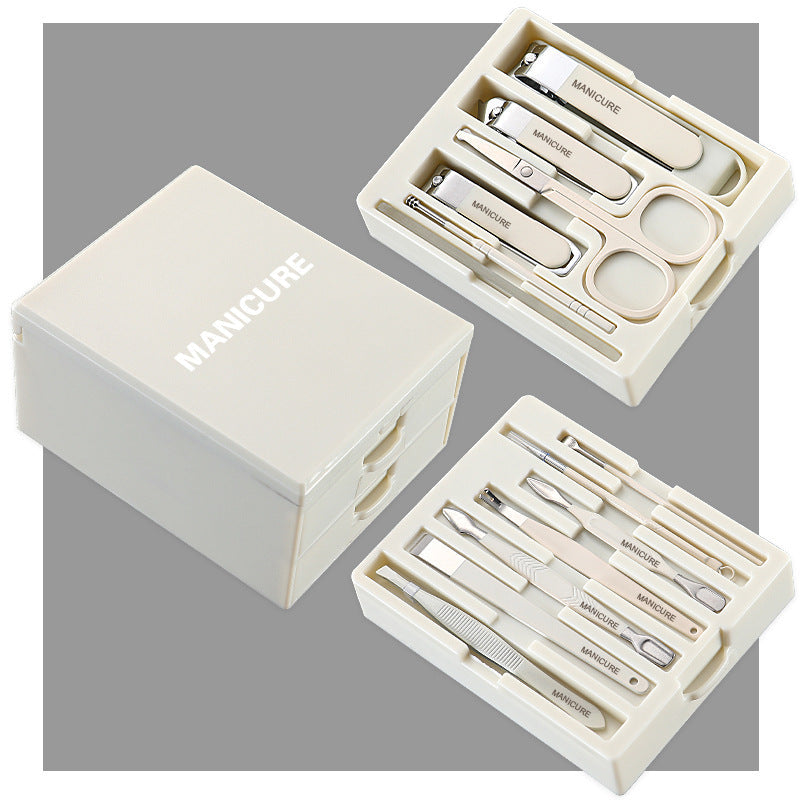 White Premium 13-in-1 Manicure & Grooming Kit - Professional Carbon Steel Pedicure Set with Dual-Drawer Case & Mirror