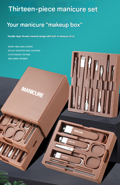 White Premium 13-in-1 Manicure & Grooming Kit - Professional Carbon Steel Pedicure Set with Dual-Drawer Case & Mirror