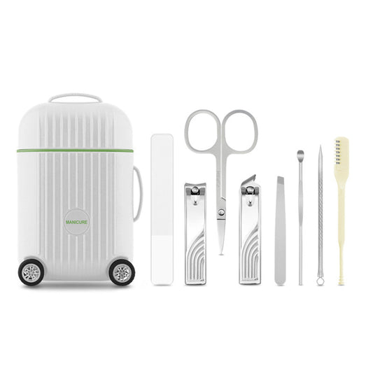 White Mini Suitcase Manicure Set - 8-Piece Portable Grooming & Nail Care Travel Kit