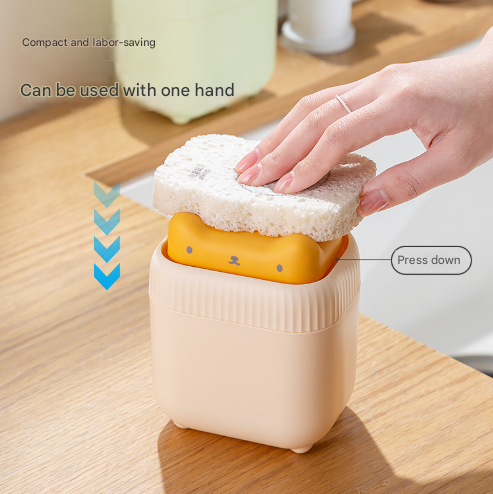 2 Pcs Green Cute Cat Press-to-Dispense Soap Pump & Sponge Caddy for Kitchen Sink