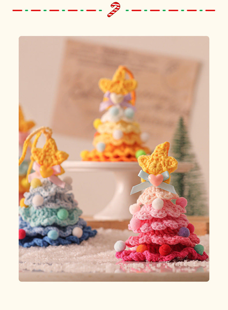 2 Pcs Style C Yellow and Green Handmade Crochet Christmas Tree Ornament - Festive Hanging Decoration with Jingle Bell