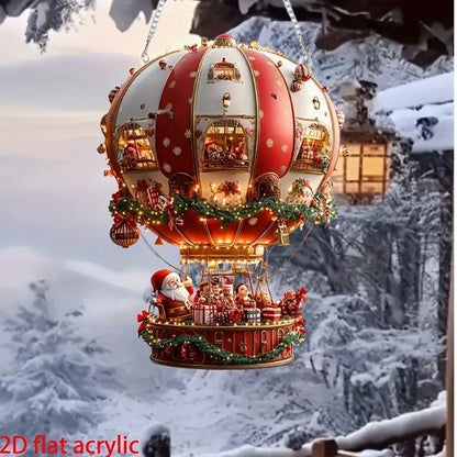 Red Whimsical Santa's Hot Air Balloon Ornament - 2D Flat Acrylic Hanging Decoration for Wall & Tree