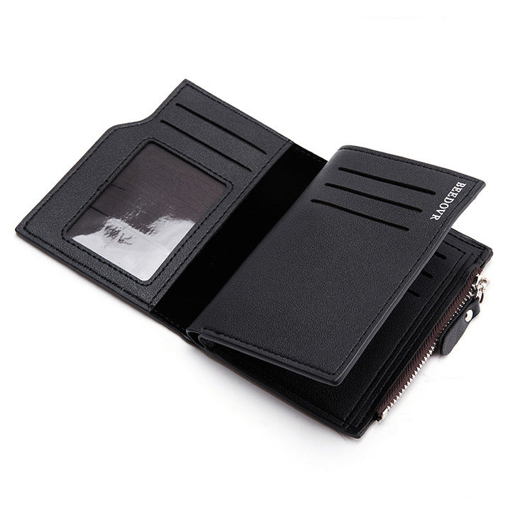 Black Men's Slim Vertical Bifold Wallet - PU Leather Card Holder with Zipper Coin Pocket and ID Window