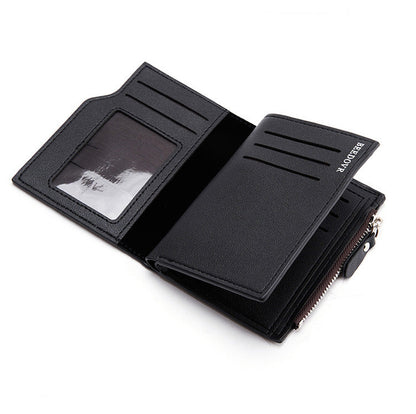 Black Men's Slim Vertical Bifold Wallet - PU Leather Card Holder with Zipper Coin Pocket and ID Window