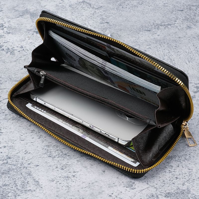 Black Men's Long Zipper Wallet Clutch - PU Leather Wristlet with Phone and Card Slots