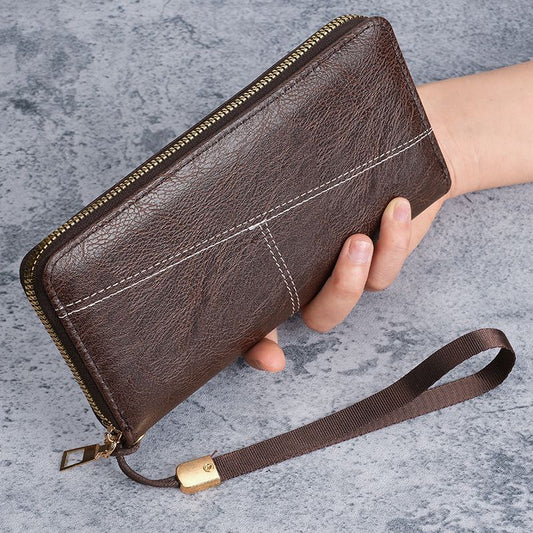 Coffee Men's Long Zipper Wallet Clutch - PU Leather Wristlet with Phone and Card Slots