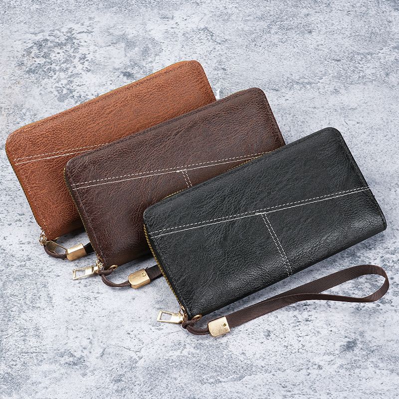 Brown Men's Long Zipper Wallet Clutch - PU Leather Wristlet with Phone and Card Slots
