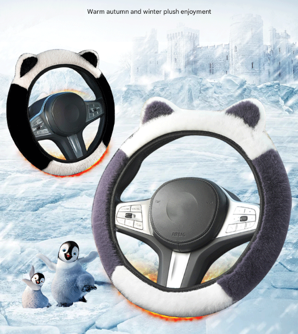 Blue Stitching White Plush Cat Ear Steering Wheel Cover - Cute & Fuzzy Winter Grip, Universal 38cm Fit