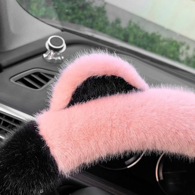White Plush Cat Ear Steering Wheel Cover - Cute & Fuzzy Winter Grip, Universal 38cm Fit