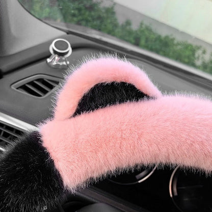 White Plush Cat Ear Steering Wheel Cover - Cute & Fuzzy Winter Grip, Universal 38cm Fit