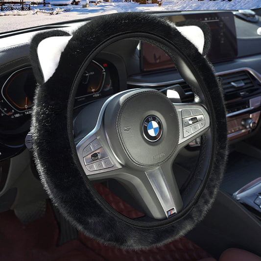Black Plush Cat Ear Steering Wheel Cover - Cute & Fuzzy Winter Grip, Universal 38cm Fit