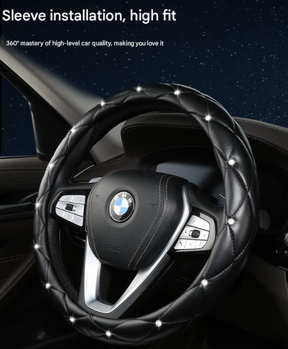 Black Luxury Bling Steering Wheel Cover - Black Quilted Leather with Crystal Rhinestones, Universal 38cm Fit