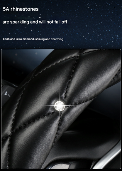 Black and White Luxury Bling Steering Wheel Cover - Black Quilted Leather with Crystal Rhinestones, Universal 38cm Fit