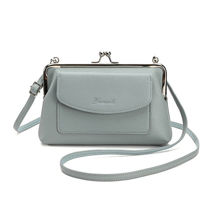 Blue Women's Vintage Kiss Lock Crossbody Bag - PU Leather Clutch Purse with Detachable Strap