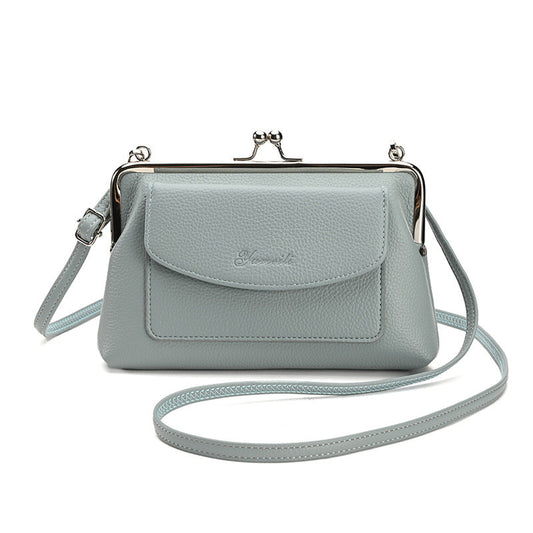 Blue Women's Vintage Kiss Lock Crossbody Bag - PU Leather Clutch Purse with Detachable Strap