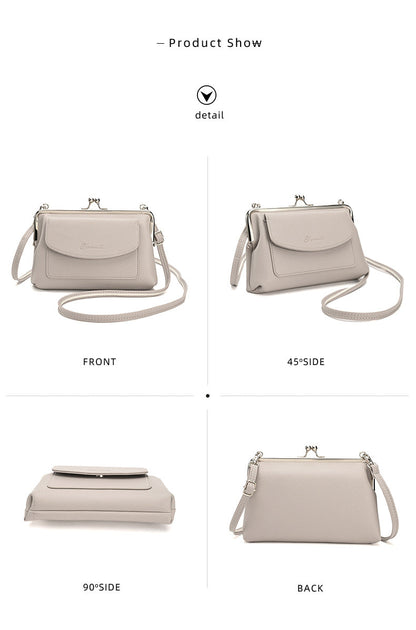 Blue Women's Vintage Kiss Lock Crossbody Bag - PU Leather Clutch Purse with Detachable Strap
