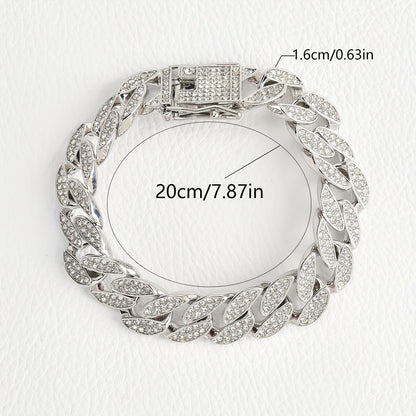 Silver 16mm Iced Out Cuban Link Bracelet - Heavy Paved Rhinestone Hip Hop Chain for Men