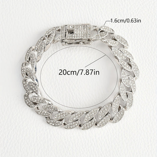 Silver 16mm Iced Out Cuban Link Bracelet - Heavy Paved Rhinestone Hip Hop Chain for Men