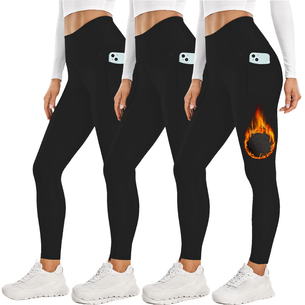 Size S Grey Women's Mid Waist Plush Leggings with Pockets - Autumn and Winter Leggings with Pockets