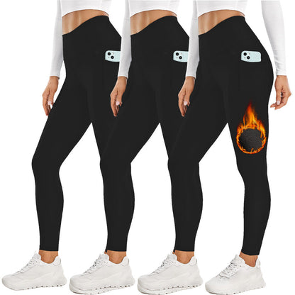 Size L Grey Women's Mid Waist Plush Leggings with Pockets - Autumn and Winter Leggings with Pockets