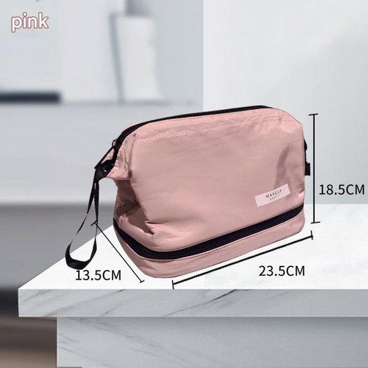 Pink Chic Dual-Compartment Makeup & Toiletry Bag - Large Capacity Travel Organizer with Brush Holder