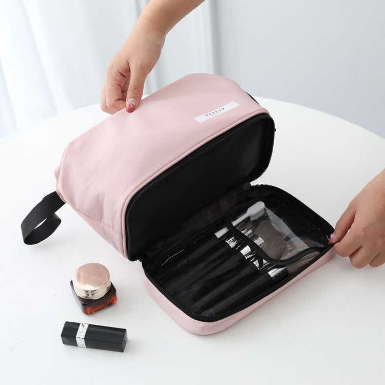Dark Green Chic Dual-Compartment Makeup & Toiletry Bag - Large Capacity Travel Organizer with Brush Holder