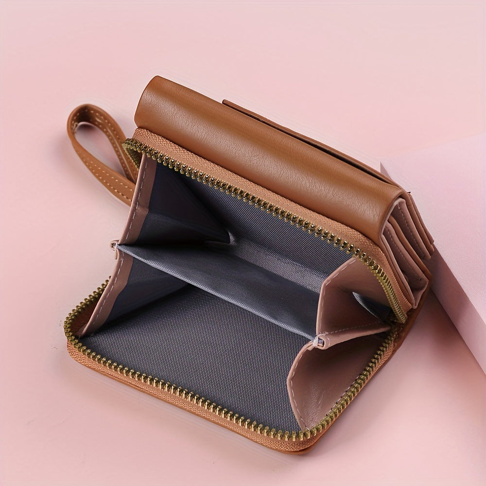 Brown Chic Compact Trifold Wallet for Women - PU Leather Card Holder with Zipper Coin Purse & Wristlet Strap