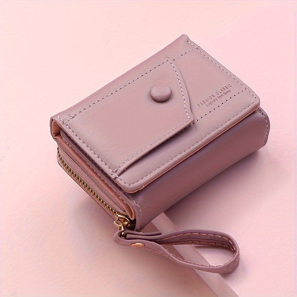 Brown Chic Compact Trifold Wallet for Women - PU Leather Card Holder with Zipper Coin Purse & Wristlet Strap