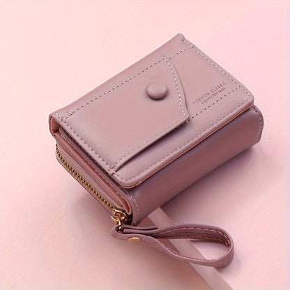 Khaki Chic Compact Trifold Wallet for Women - PU Leather Card Holder with Zipper Coin Purse & Wristlet Strap