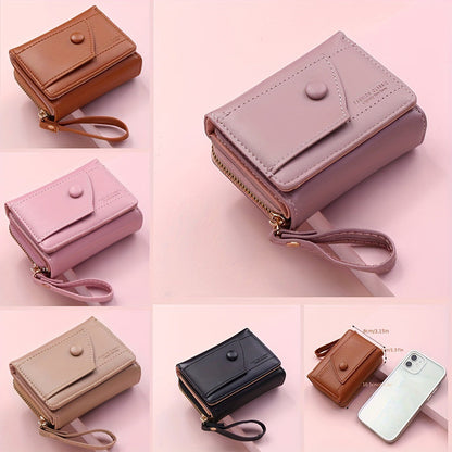 Pink Chic Compact Trifold Wallet for Women - PU Leather Card Holder with Zipper Coin Purse & Wristlet Strap