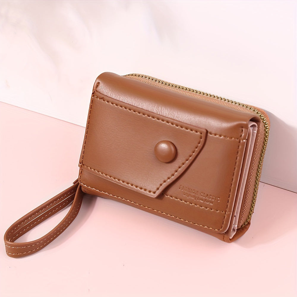 Pink Chic Compact Trifold Wallet for Women - PU Leather Card Holder with Zipper Coin Purse & Wristlet Strap