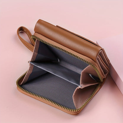 Pink Chic Compact Trifold Wallet for Women - PU Leather Card Holder with Zipper Coin Purse & Wristlet Strap