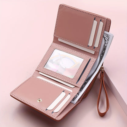 Pink Chic Compact Trifold Wallet for Women - PU Leather Card Holder with Zipper Coin Purse & Wristlet Strap