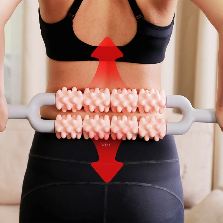 Pink and Grey Dual Row Spiky Muscle Roller Stick - Deep Tissue Massager for Back and Leg Recovery