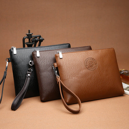 Brown Classic Men's PU Leather Clutch Bag - Slim Business Wristlet & Travel Pouch