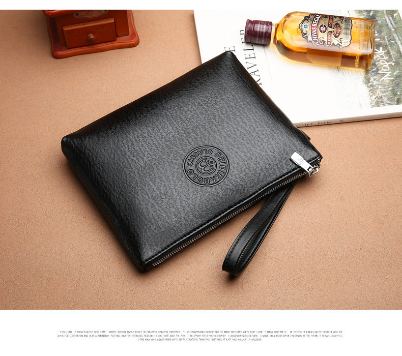 Brown Classic Men's PU Leather Clutch Bag - Slim Business Wristlet & Travel Pouch