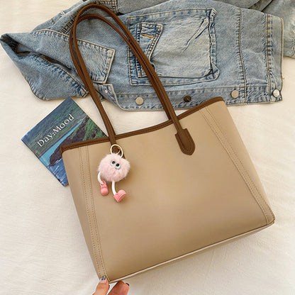 Khaki and Brown Chic Large Capacity Tote Bag - PU Leather Commuter Shoulder Handbag for Women