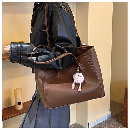 Khaki and Brown Chic Large Capacity Tote Bag - PU Leather Commuter Shoulder Handbag for Women