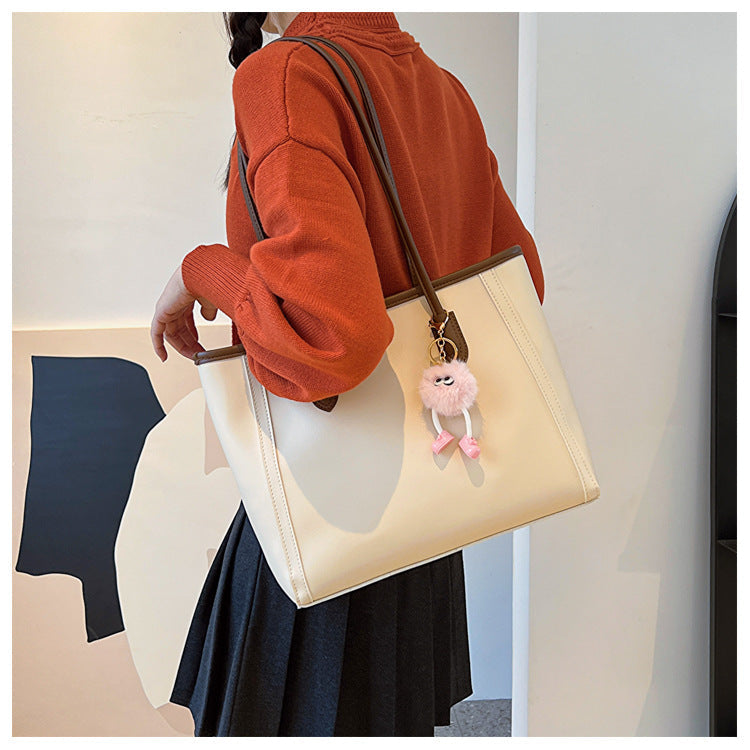Khaki and Brown Chic Large Capacity Tote Bag - PU Leather Commuter Shoulder Handbag for Women