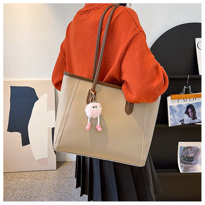 Khaki and Brown Chic Large Capacity Tote Bag - PU Leather Commuter Shoulder Handbag for Women