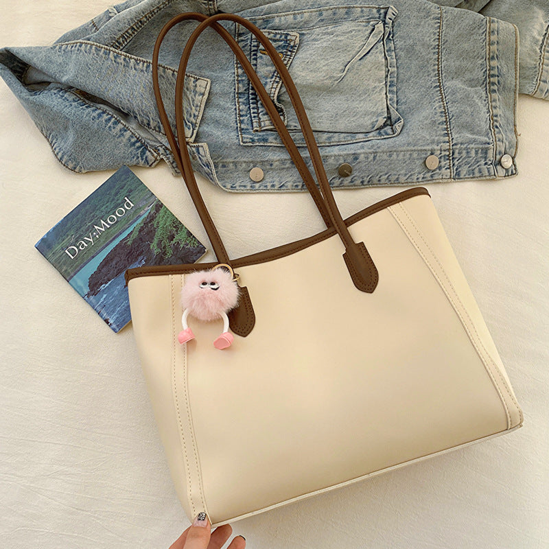 Beige and Brown Chic Large Capacity Tote Bag - PU Leather Commuter Shoulder Handbag for Women