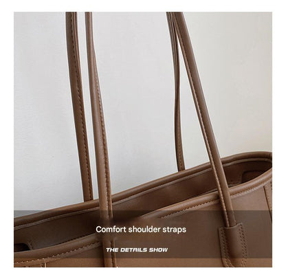 Beige and Brown Chic Large Capacity Tote Bag - PU Leather Commuter Shoulder Handbag for Women