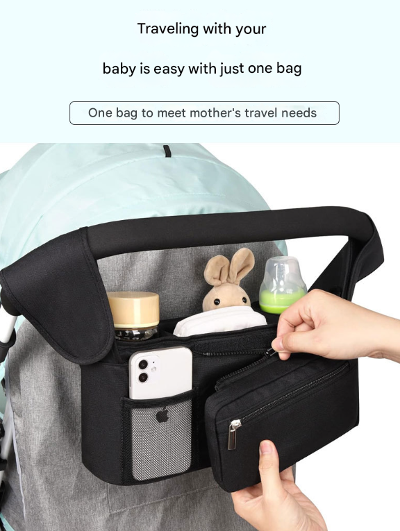 Black Universal Stroller Organiser Caddy with Insulated Cup Holders and Detachable Wristlet