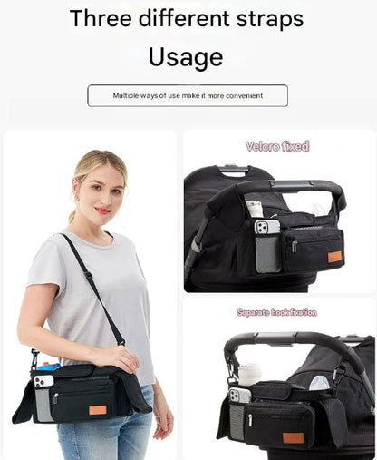 Black Universal Stroller Organiser Caddy with Insulated Cup Holders and Detachable Wristlet