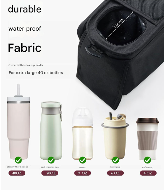 Grey Universal Stroller Organiser Caddy with Insulated Cup Holders and Detachable Wristlet