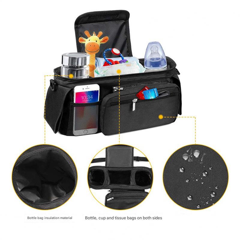 Grey and Black Stitching Universal Stroller Organiser Caddy with Insulated Cup Holders and Detachable Wristlet